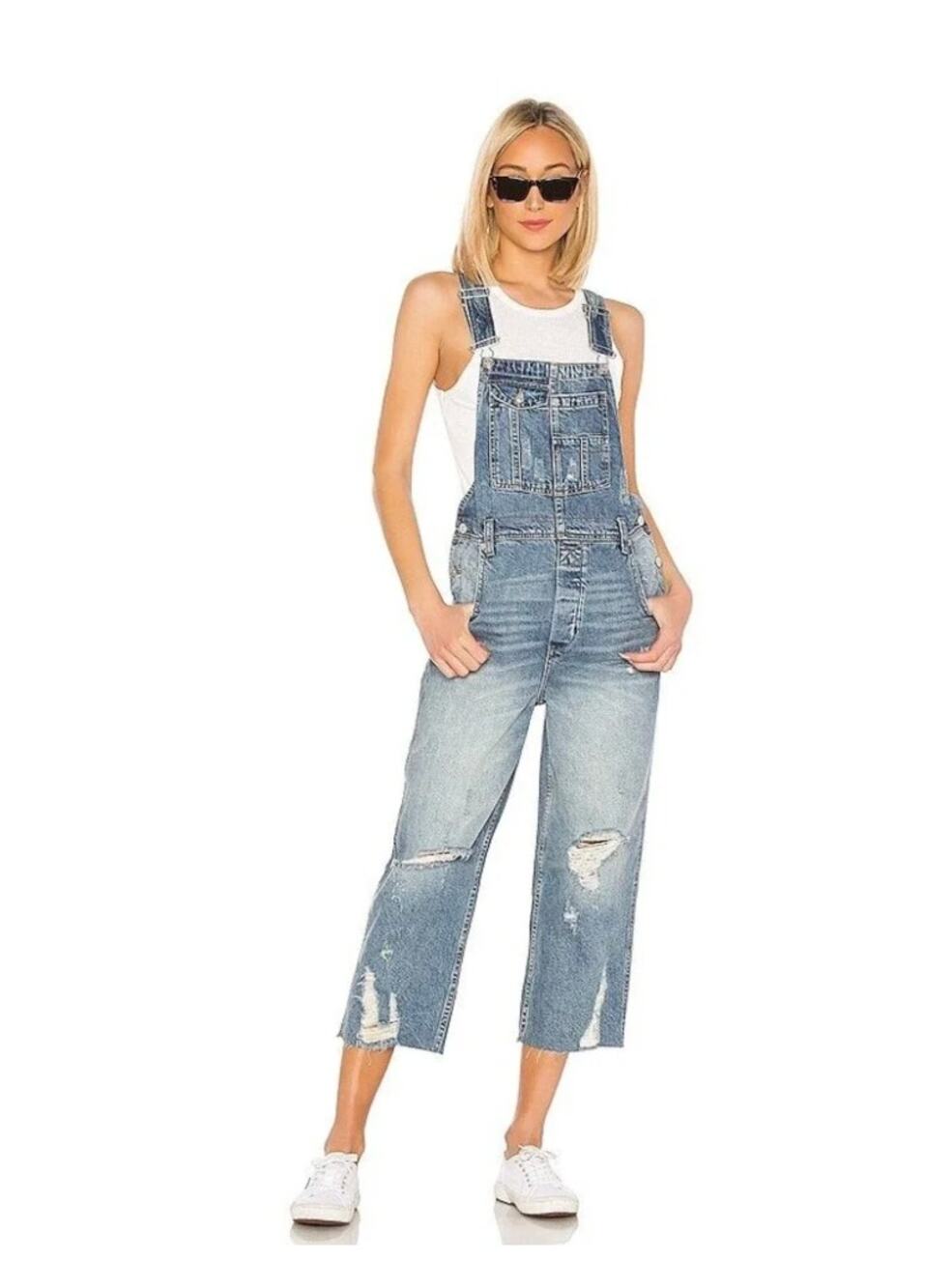 Free People We the Free Distressed Denim Overalls 31